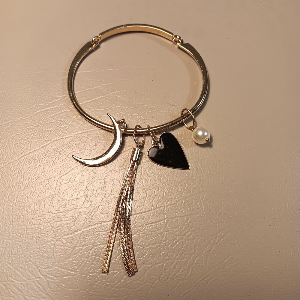 4 dangle charms bangle bracelet - heart, moon, faux pearl, tassel